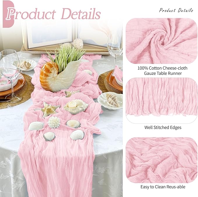 RealBox 6 Pack Light Pink Cheesecloth Table Runner 17x108 Inch Semi Sheer Boho Gauze Cheese Cloth Fabric Table Runners Table Decor for Wedding Party Baby Shower Birthday Home Decor Garden Farmhouse