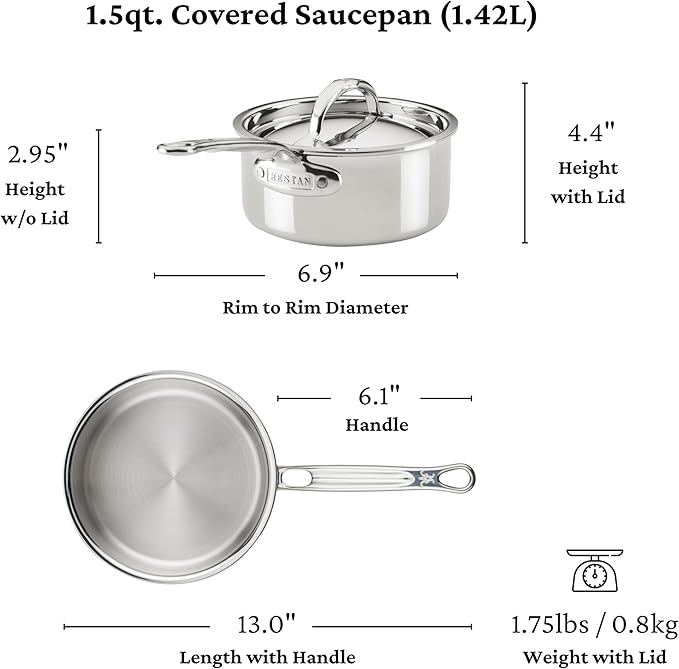 Hestan ProBond Luxe 1.5-Quart Saucepan with Lid, Professional Clad Stainless Steel, ProCore Tri-Ply Clad Construction, Polished Exterior, Induction & Oven Safe