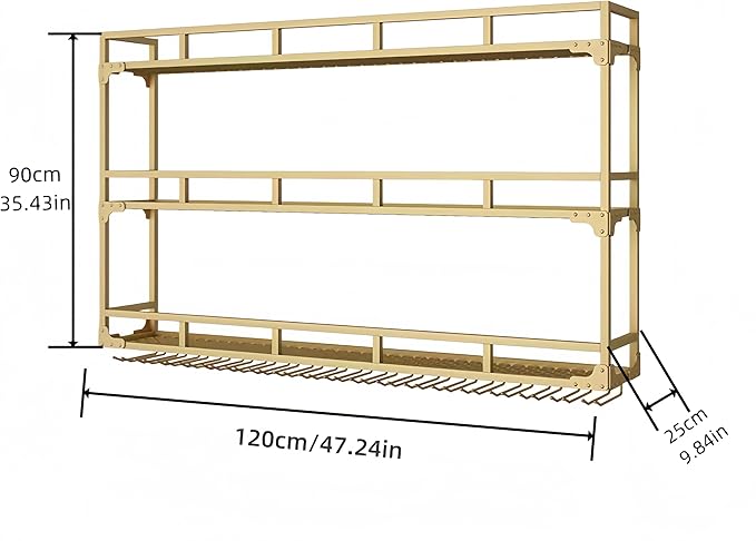 47 Inch 3-Tier Wall Mounted Wine Rack with LED Light, Stylish Wall Bar Shelves for Liquor Bottles & Hanging Glasses, Bar Shelves Wall Mounted for Kitchen, Dining Room & Home Bar, Gold