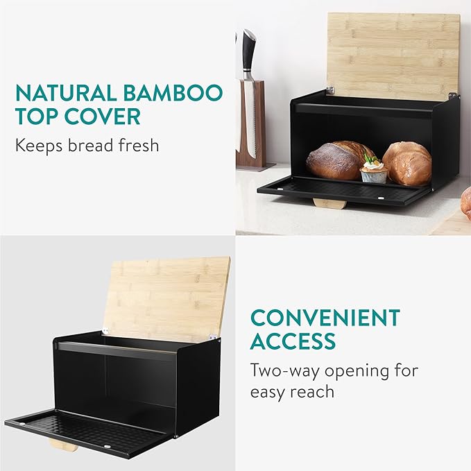 Navaris Metal Bread Bin Container with Bamboo Lid - Large Aesthetic Black Bread Bins for the Kitchen - Bread Box Containers for Small Items Storage - Bread Storing Bin Set