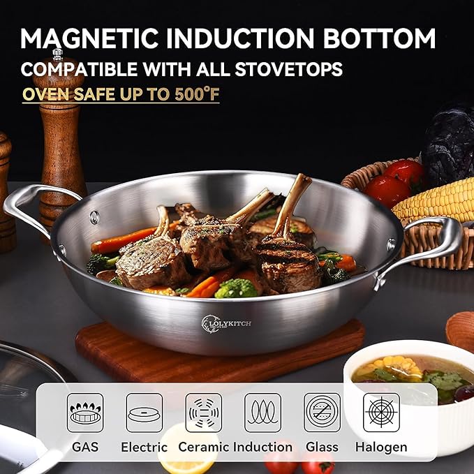 LOLYKITCH 11 Inch Tri-Ply Stainless Steel Wok Pan with Lid,Deep Frying Pan,Jumbo Cooker,Induction Wok,Suit for All Stoves,Dishwasher and Oven Safe.