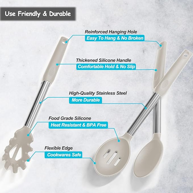 Silicone Spatula and Cooking Spoon,5 Pack Non-Stick Cooking Utensils for Kitchen竊똇eat Resistant Solid & Slotted Spoons and Spatulas, Stainless Steel Handle Coated with Silicone, Khaki
