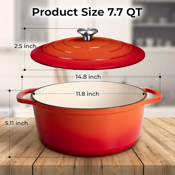 Zulay Kitchen 7.7 Quart Enameled Cast Iron Dutch Oven Pot with Lid ??Premium Durability & Oven Safe up to 500째F ??Heavy Duty Cookware Perfect for Bread Baking, Stews, Braising & Roasting ??Orange