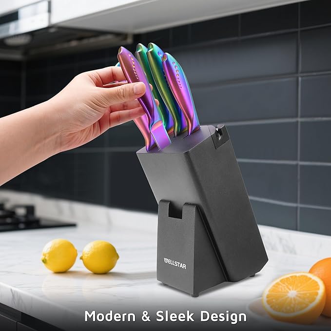 WELLSTAR Rainbow Knife Set 8 Pieces, Iridescent German Stainless Steel Kitchen Knives Set with Wooden Block, Colorful Titanium Coating, Chef?셲 Knife Block Set with Scissors and Built-in Sharpener