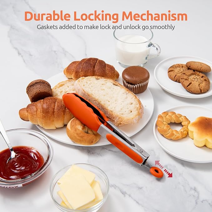 600쨘F Heat Resistant Kitchen Tong: U-Taste 7 inch Silicone Cooking Tong with Firm Sealed Non Stick Rubber Tips & Silicon Coated 18/8 Stainless Steel Handle & Smooth Locking for Serving Salad (Orange)