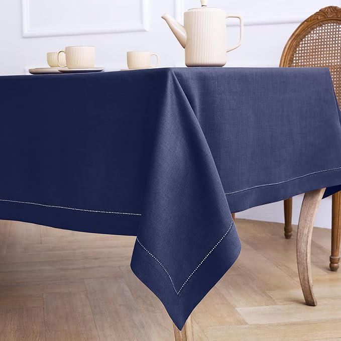 Solino Home Linen Tablecloth 60 x 108 Inch - Classic Hemstitch 100% Pure Linen Navy Blue Table Cloth for Rectangle Tables - Machine Washable Tablecloth for Winter, Easter