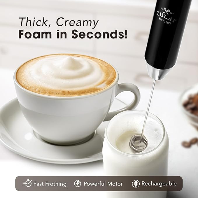 Zulay Kitchen Lux Electric Milk Frother Rechargeable Handheld - 4 Whisks, Powerful 2-Speed Motor, Waterproof, 2000mAh Battery - Drink Mixer for Latte, Cappuccino, Matcha & Protein Powder - Jet Black