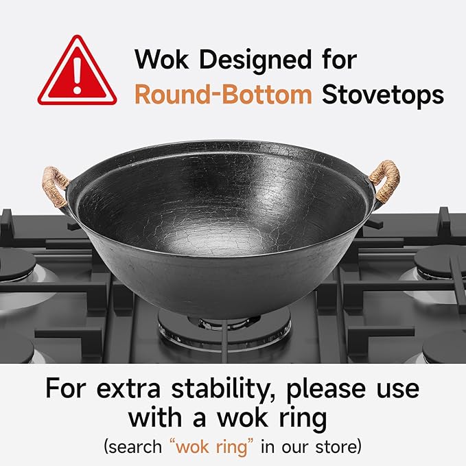 WANGYUANJI 11.8 Inch Handmade Cast Iron Wok with Dual Handles, Small Round-Bottom Chinese Wok for 1?? Servings, Uncoated Stir Fry Pan for Gas Stoves & Open Flame Cooking