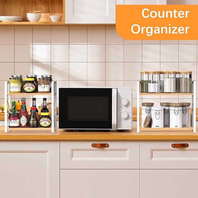Spice-Rack-Organizer-Shelf for Kitchen Counter, 2 Tiers Coffee Bar Station Organizer for Countertop竊똕pace Saving Desk Shelving Riser Unit (Maple, Medium)