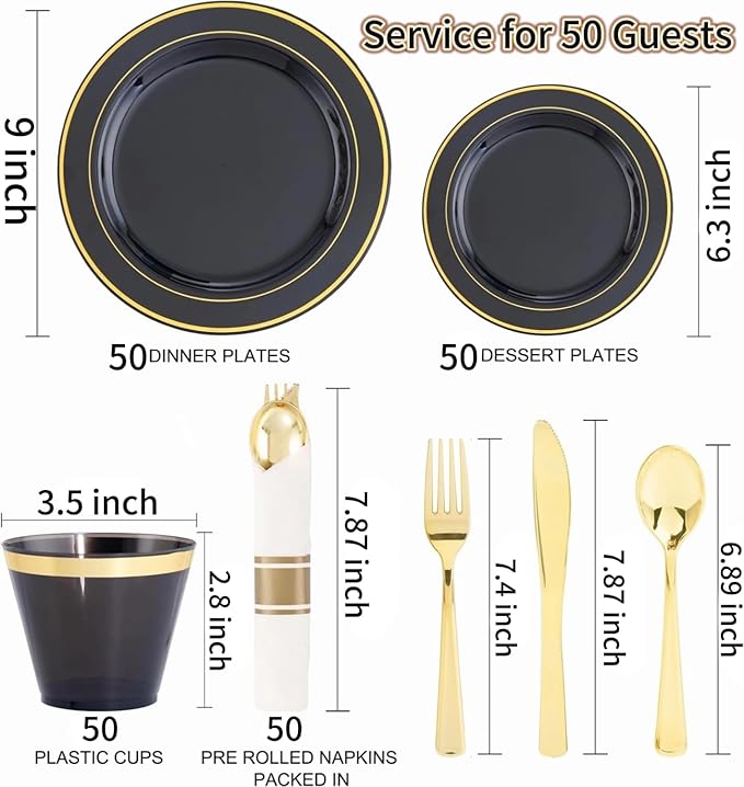 350 Pieces Black and Gold Plastic Plates with Disposable Silverware, Include 50 Dinner Plates 9?? 50 Dessert Plates 6.3?? 50 Black Cups 9 OZ, 50 Pre Rolled Napkins for New Year