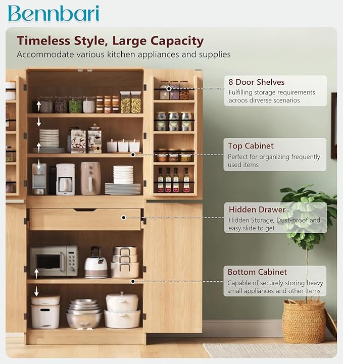 72" Tall Farmhouse Kitchen Pantry Cabinet with 8 Door Shelves, Curved Storage Cabinet with 3 Adjustable Shelves & Hidden Drawer, Versatile Cupboard for Kitchen, Dining & Bathroom (Natural)