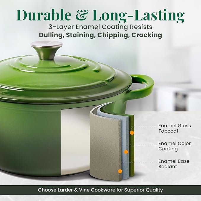 Larder & Vine Enameled Cast Iron 5.7qt Dutch Oven Pot with Lid | Bread Baking | Compatible on All Cooktops & Oven Safe to 500째 F | Great for Sourdough Bread | Okra