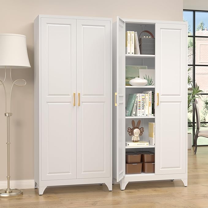 Kitchen Pantry Cabinet,75?쓂hite Metal Storage Cabinets with Doors and 4 Adjustable Shelves,Kitchen Cabinet with 2 Gold Handles,Tall Cabinet for Livingroom,Pantry, Bathroom
