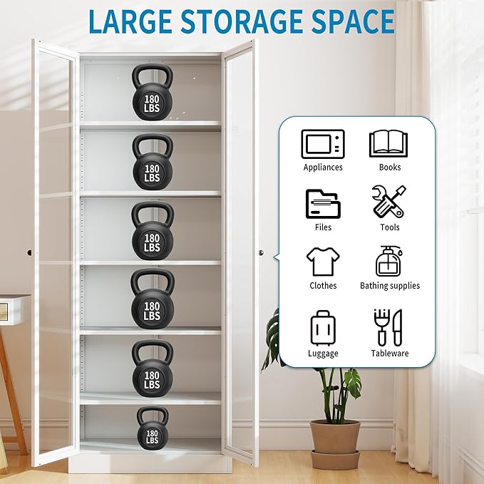 Display Cabinet with Glass Doors 71" Tall Metal Kitchen Storage Pantry with Adjustable Shelves, Curio Storage Cabinet for Kitchen, Dining Room, Garage, Assembly Required