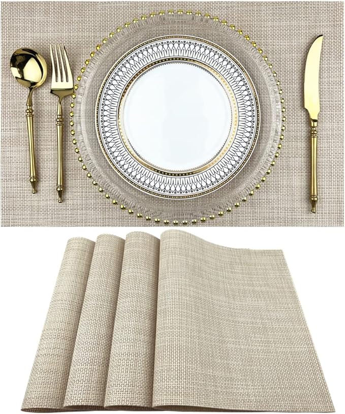 WAZAIGUR Placemats,Easy to Clean Crisscross Woven Vinyl Place Mats Durable Non-Slip Heat Resistant Table Mats,Placemats for Kitchen Table (Beige, 4)