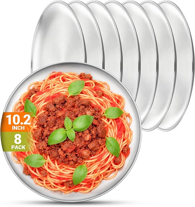 Metal Dinner Plate, 8 Pack 10.2 inch Large 201 Stainless Steel Plates, Reusable Lunch Salad Pizza Food Serving Snack Eating Dishes Round Brushed Finish Silver Sturdy Dish Oven Dishwasher Safe