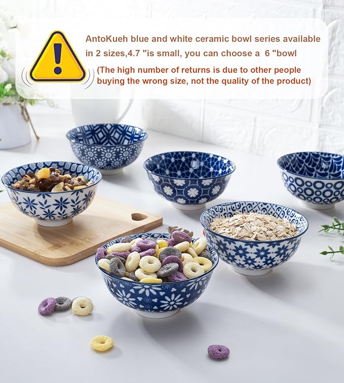 AntoKueh Blue and White Ceramic Bowls Set of 6, 4.7in Small Dessert bowl 10 oz for ice cream, Snack, Porcelain bowl for Dipping,Dishwasher/Microwave safe