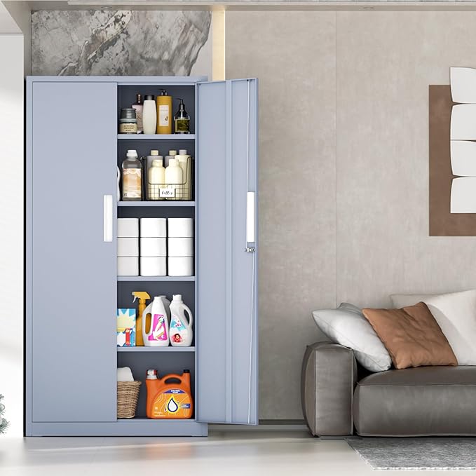 INTERGRAET 63" Tall Pantry Cabinet,Kitchen Pantry Storage Cabinets with 2 Doors and 4 Shelves,Cement Gray Metal Storage Cabinet,Cupboard for Home,Kitchen,Living Room/Dining