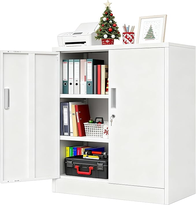 CJF Metal Storage Cabinets with Shelves and Doors, Steel Locking Cabinet for Home Office, Garage, Utility Room and Basement, 36.2" H x 31.5" W x 15.7" D (White)