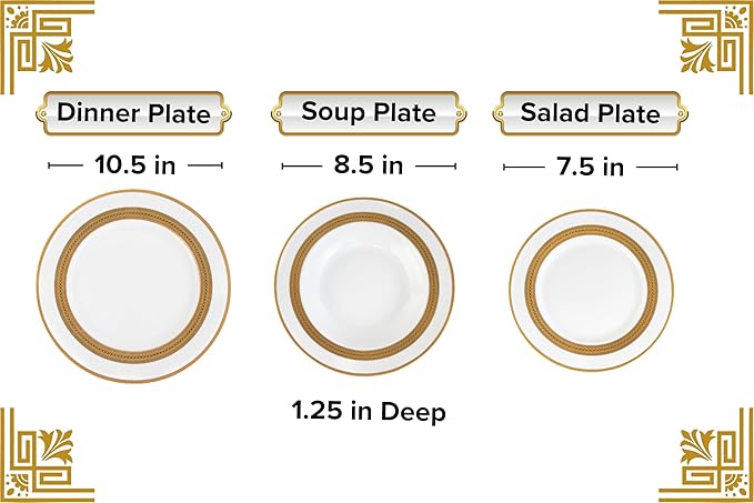 48 Piece Elegant Dinnerware Sets for 12 ??Porcelain Plates, Bowls ??White and Gold Rope Vintage Design Dishware for Kitchen Table, Formal Dining or Everyday Use (Rope Gold)