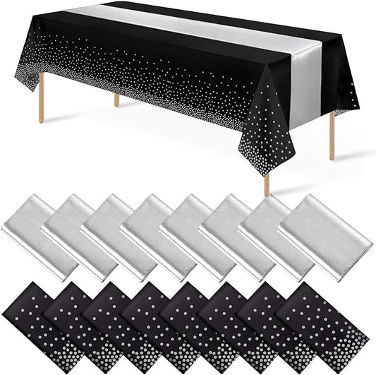 16Pack Disposable Plastic Tablecloths and Satin Table Runner Set Black and Silver Dot Tablecloth Silver Satin Table Runner for Wedding Birthday Baby Shower Anniversary Christmas New Year Party Supply