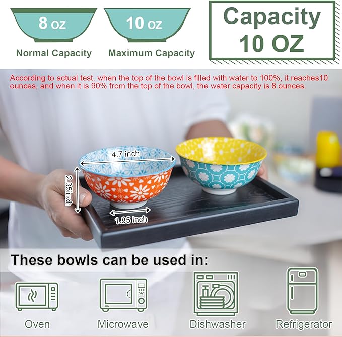 AntoKueh Colorful Ceramic Bowls 10oz, 4.7in small cereal bowl Set of 6 for ice cream, Dessert, Porcelain bowl for Dipping, Sauce, Dishwasher/Microwave safe