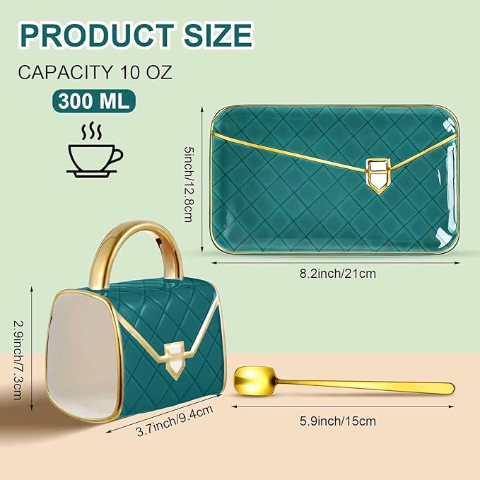 Zubebe 1 Set Coffee Mug Elegant Handbag Shaped Cup Valentine's Day Modern Ceramic Purse Mug with Spoon and Saucer, 10oz Cute Creative Tea Cup for Woman Girls Gift (Dark Green)