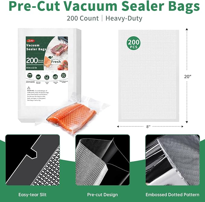 Aotto Vacuum Sealer Bags for Food - 200 Count Quart 8" x 12" Commercial Grade BPA Free Heavy Duty Vacuum Seal Bags for Food Storage, Meal Prep and Sous Vide