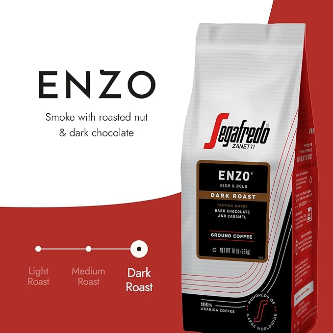 Segafredo Zanetti Ground Coffee ??Made with Arabica Coffee ??Dark Roast, Smoky with Hints of Roasted Nuts & Dark Chocolate ??South American Blend ??Rich, Full-Bodied ??Enzo, 10oz Bag, Pack of 6