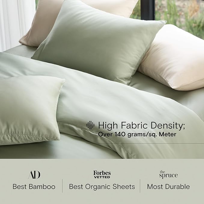 DOZ Sheet Set, 100% Viscose derived from Bamboo, Organically Grown, Buttery Soft, Cooling Sheets, High GSM, Deep Pockets - 3 Piece - 2 Pillowcases 1 Fitted Sheet (Sage, Queen)