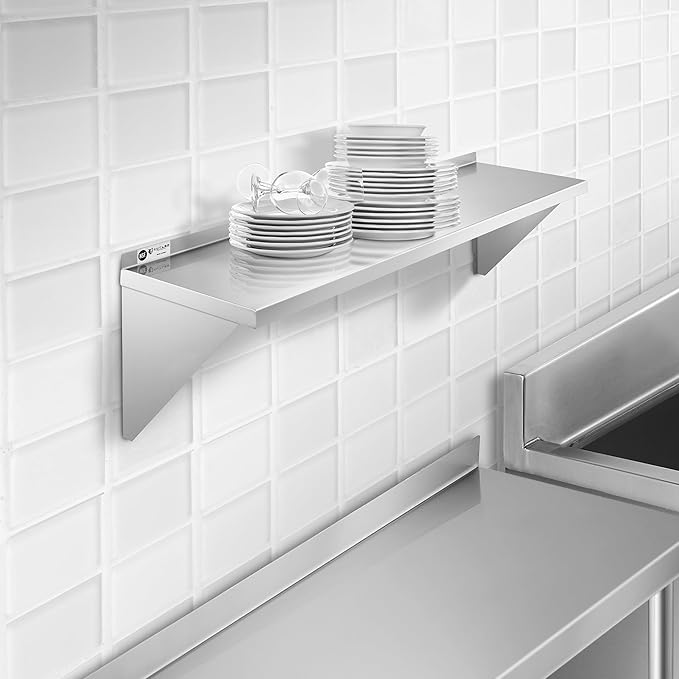 KUTLER Stainless Steel Shelf - 14" x 48", NSF Commercial Wall Mount Shelves with Backsplash, Floating Metal Shelving for Restaurant, Kitchen, Home