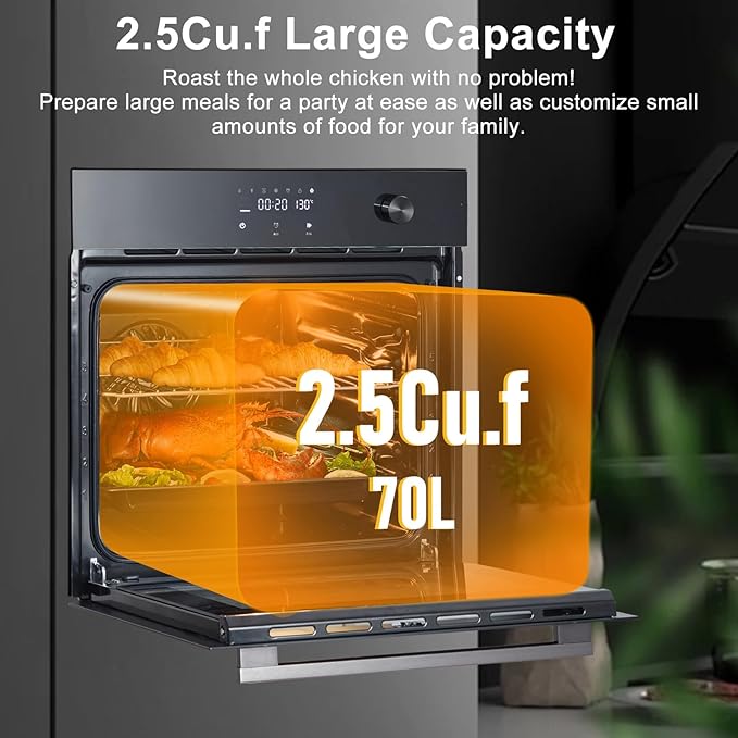 24 Inch Built-In Single Wall Oven, 2.5 Cu.Ft 3000W Electric Convection Oven with Touch & Mechanical Knob Controls, 8 Cooking Modes, ETL Certified, Modern Black Finish