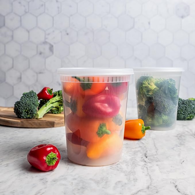 32 oz Deli Containers with Lids (240 Pack) Bulk ??Plastic Quart Container with Lid Disposable 32oz freezer Soup & Food Storage Tall large Container 32 Ounce - Cups with Cover [240 Sets Case/Pack]