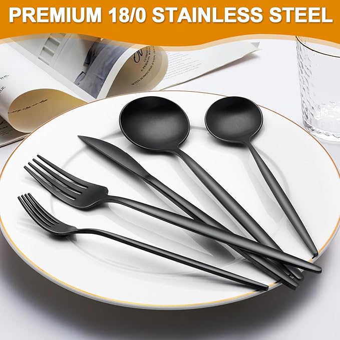 40 Pieces Black Silverware Set, Stainless Steel Flatware Set Service for 8, Tableware Cutlery Set, Utensils for Home, Restaurant, hotel, Include Knife Fork Spoon Set,Dishwasher Safe