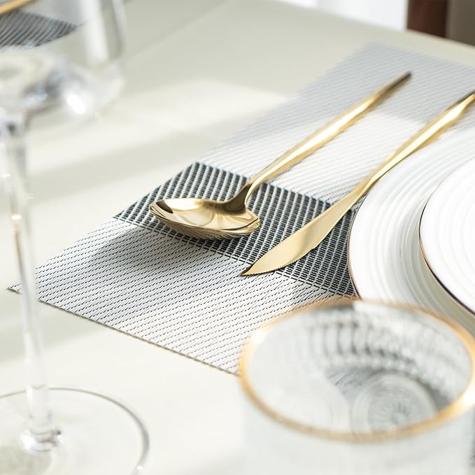 SUMYMERY Placemats Set of 8 Vinyl/Plastic Woven Place Mats for Kitchen Table Indoor/Outdoor Washable Placemat Wipeable Dining Table Mats (Silver Cube,8)