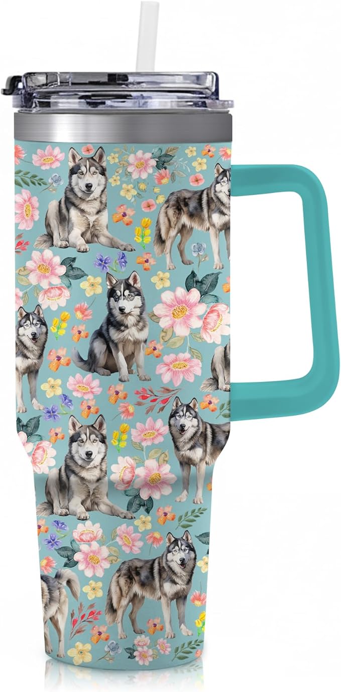 Yogusut Siberian Husky Gifts for Women, 40oz Stainless Steel Insulated Tumbler Travel Mug Cup with Handle Straw, Gifts for Dog Mom Dog Lover