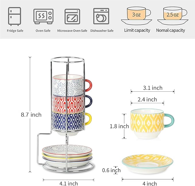 Selamica Ceramic Espresso Cups with Saucers and Metal Stand, 2.5 OZ Stackable Demitasse Cups for Espresso Latte Caf챕 Mocha Tea, Set of 4, Assorted Colors