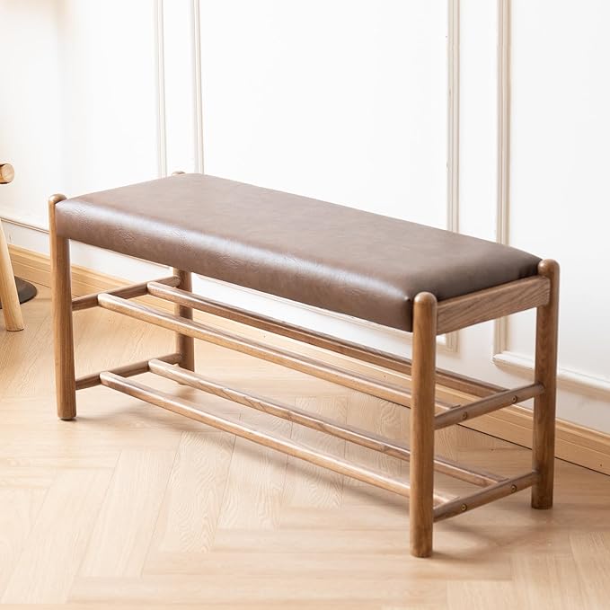 XINNAN Solid Wood Entryway Bench with Shoe Storage, Rustic Oak Wood and PU Leather 31.5 Inch Long Seating for Living and Dining Rooms, 3-Tier Brown