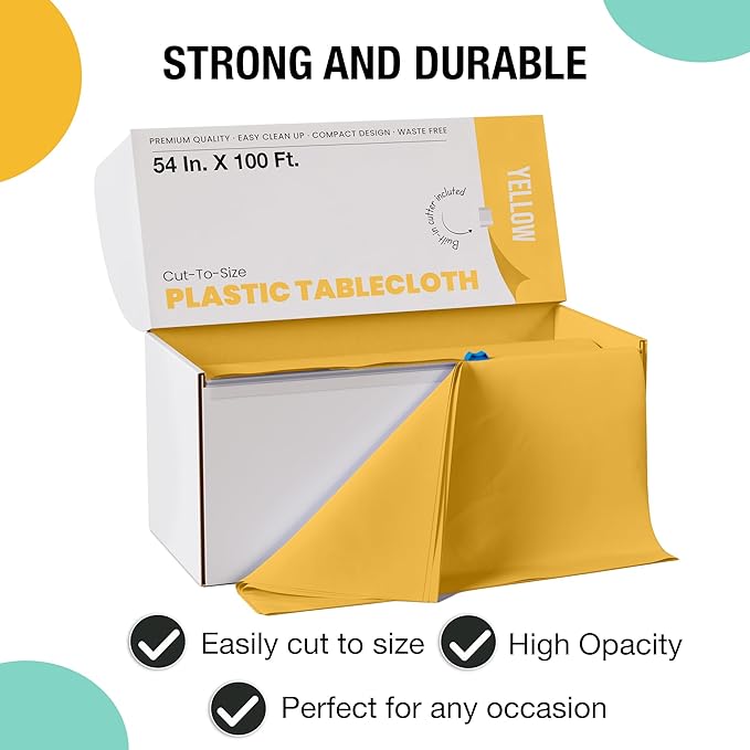 Party Solids 54 Inch X 100 Feet Yellow Plastic Table Cover Roll in A Cut - to - Size Box with Convenient Slide Cutter. Cuts Up to 12 Rectangle 8 Feet Plastic Disposable Tablecloths