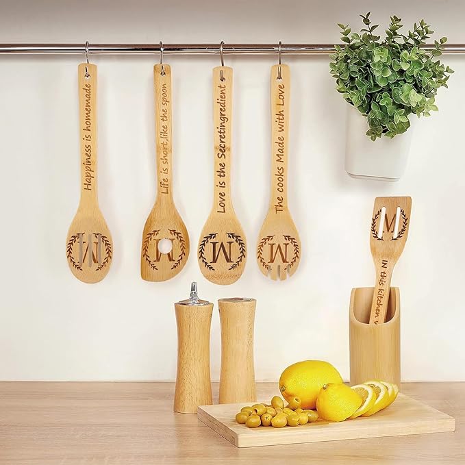5PCS Initial Wooden Cooking Spoons Initial Letter Kitchen Decor Gifts Personalized Monogrammed Birthday Gifts for Women Mom Friend Housewarming Wedding Bamboo Cooking Spoons