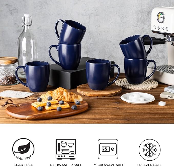 GBhome 16oz Coffee Mugs Set of 6, Large Ceramic Coffee Mugs for Man, Woman, Dad, Mom, Modern Coffee Mugs Set with handle for Tea/Latte/Cappuccino/Milk/Cocoa. Dishwasher&Microwave Safe,Matte Blue