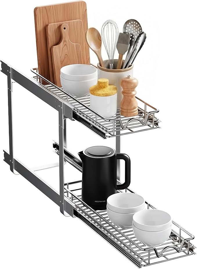 HOLDN??STORAGE Two Tier Pull Out Cabinet Organizer, Individual Sliding Drawers - Heavy Duty Metal with Lifetime Limited Warranty - Anti Rust Chrome Finish - 8" W x 21?쒭 x 16.5" H