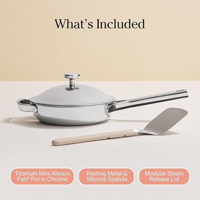 Our Place Mini Titanium Always Pan Pro | 8.5" PFAS-Free Nonstick Frying Pan with Spatula | Chef-Grade Tri-Ply Stainless Steel & Aluminum Build | Induction & Oven-Safe up to 1000째F | Chrome