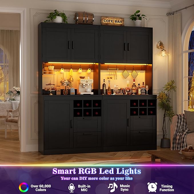 Unikito 72" Tall Pantry Cabinet, Kitchen Pantry Storage Cabinet with LED Light & Outlet, 63" Wide Kitchen Hutch Bar with Microwave Stand, Drawers, Wine Rack & Shelves, Cupboard for Dining Room, White