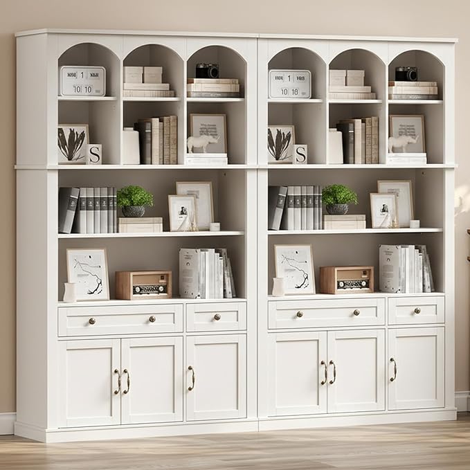73.2" Tall Farmhouse Arched Bookshelf with Drawer and Door, Set of 2, 6 Tier Mid Century Modern Book Shelf and Bookcase with Storage, Floor Standing Display Cabinet for Home Office, White