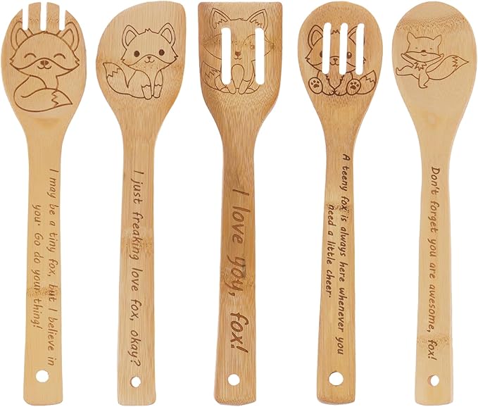5PCS Fox Wooden Cooking Spoons Kitchen Decor Fox Gifts for Women Men Fox Lovers Birthday Gifts Party Favors Housewarming Wedding Bamboo Cooking Spoons for Everyday Use