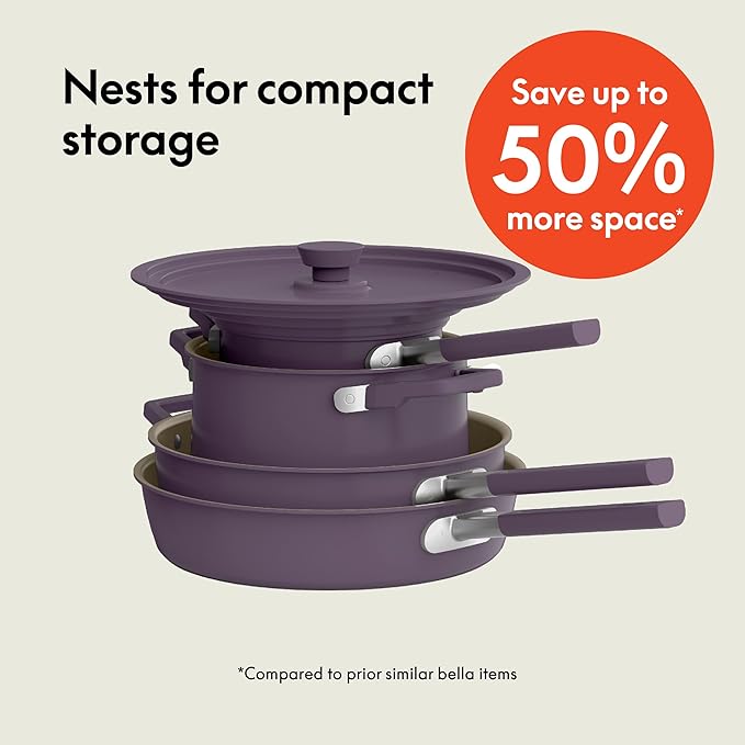 bella 9 Piece Ceramic Nonstick Cookware Set, Fits-anywhere??Kitchenware w EverGood??Coating, Dishwasher & Oven Safe, All Stovetops Compatible, Stackable Design, Cool Touch Handles, Plum