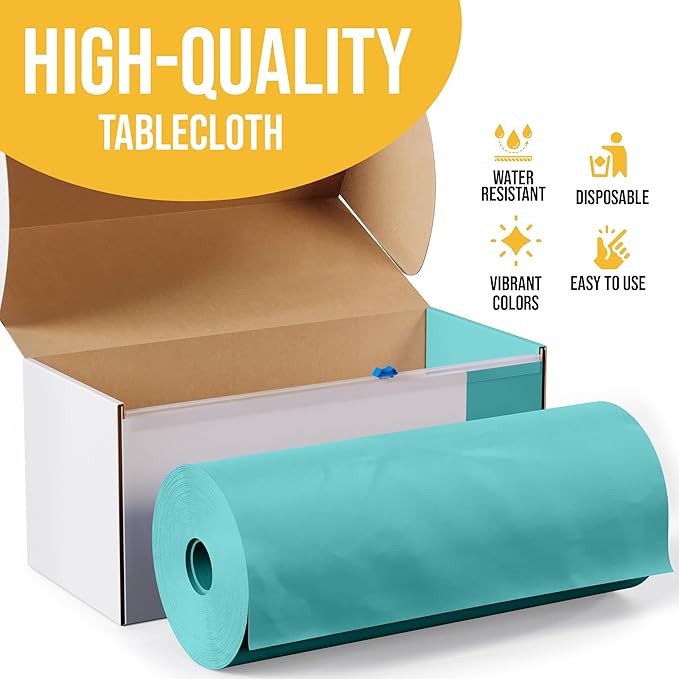 Party Solids 54 Inch X 100 Feet Aqua Plastic Table Cover Roll in A Cut - to - Size Box with Convenient Slide Cutter. Cuts Up to 12 Rectangle 8 Feet Plastic Disposable Tablecloths