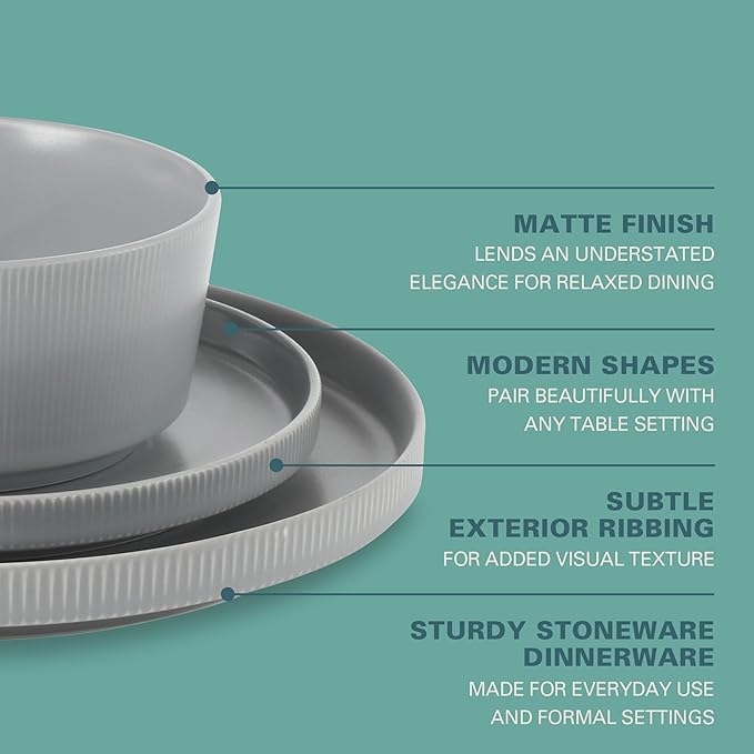 Gibson Home Dempsey Road 12-Piece Stoneware Dinnerware Set ??Service for 4, Round Grey Plates and Bowls, Durable Solid Color Modern Embossed Dish Set, Microwave & Dishwasher Safe