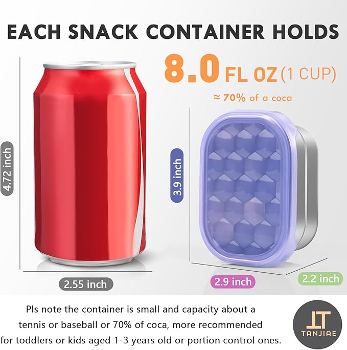Tanjiae 8oz Small (1 CUP) Stainless Steel Snack Containers for Kids and Toddlers (Ages 1-3) | Easy Open Leak Proof Food Containers with Silicone Lids - Perfect Metal Lunch Box for Daycare and School